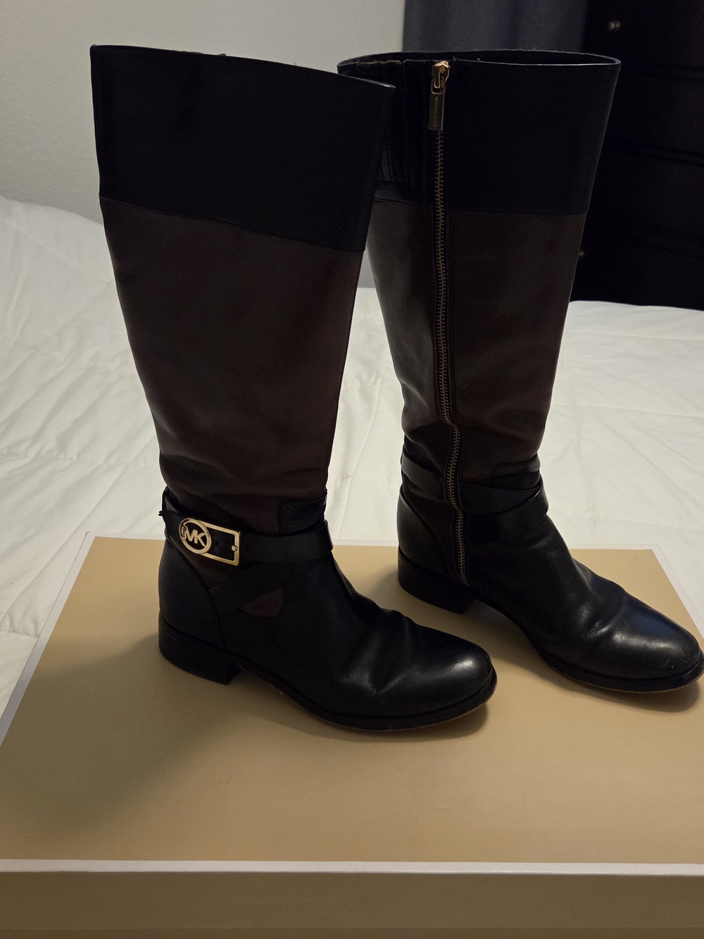 Michael Kors Black and Brown Bryce Tall Riding Boots